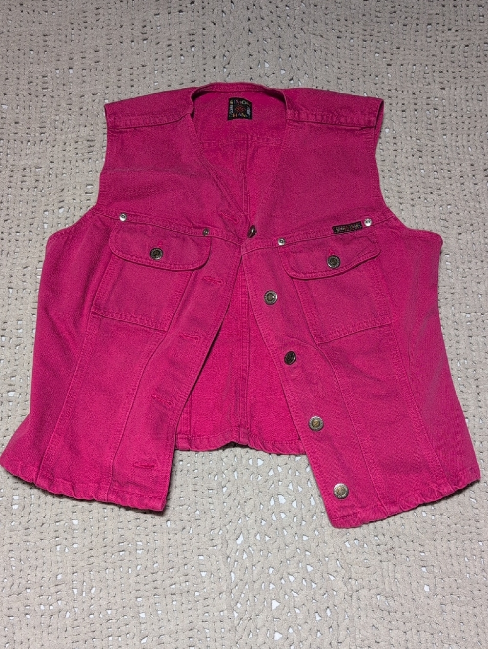 392- Simon Chang Bright Pink Denim Vest | Button‑Front Statement Layer - Picture 2 of 5